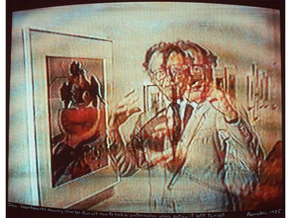Robert Heinecken, John Szarkowski showing Charles Kuralt how to hold a watermelon when eating it left to right, 1985. Robert Heinecken Archive/Gift of the artist. ©The Robert Heinecken Trust and Pace MacGill Gallery. 93.68.54