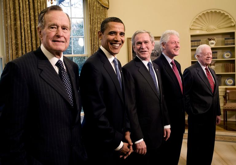George H.W. Bush, Barack Obama, George W. Bush, Bill Clinton and Jimmy Carter, United States Presidents Gather Two Weeks before Barack Obama's Inauguration, Oval Office of the White House, Washington, D.C., 2009